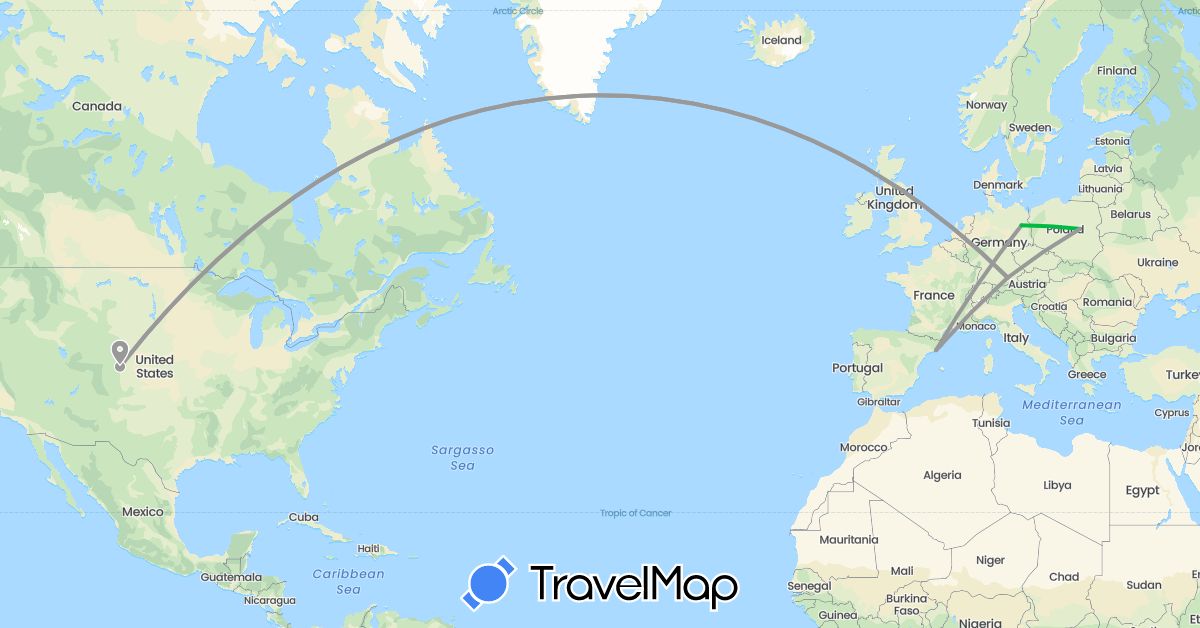 TravelMap itinerary: driving, bus, plane in Germany, Spain, Poland, United States (Europe, North America)